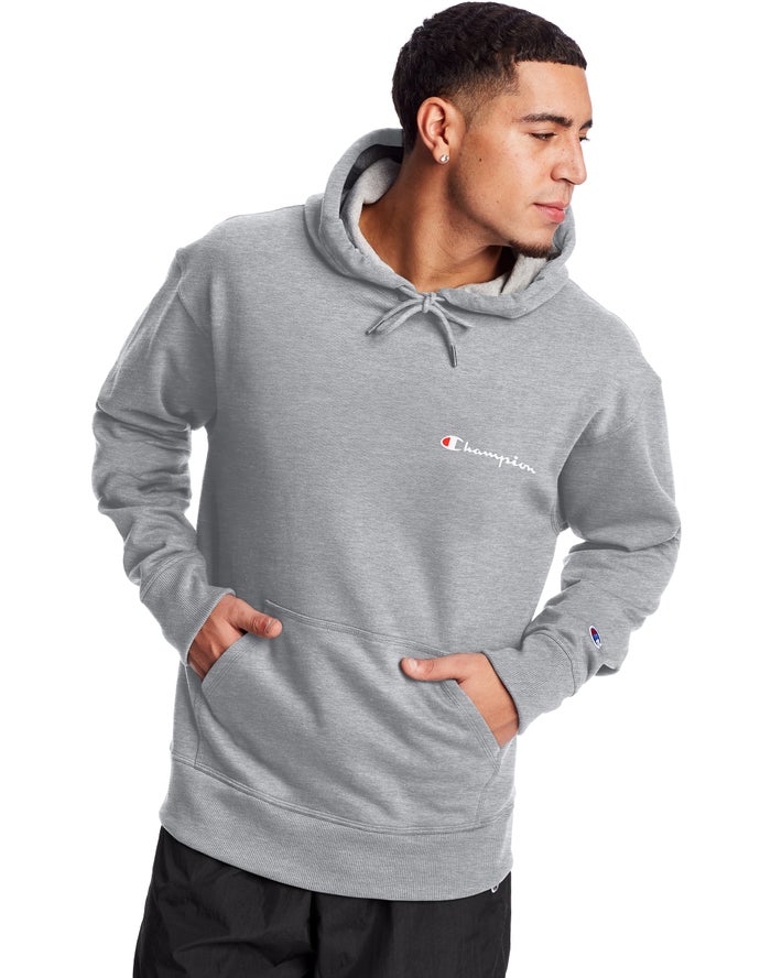 Champion Herre Hættetrøje Grå - Powerblend Fleece Script Logo - Danmark VKQ-704825